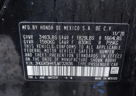 2020 Honda Fit Lx from USA, damaged, VIN 3HGGK5H47LM732836
